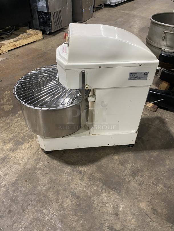 Eurodib LM50 commercial spiral dough mixer, stainless steel, single speed, white, electric, Eurodib label visible.