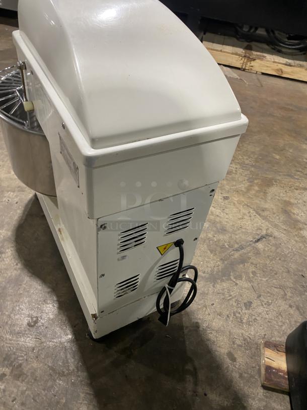 Eurodib LM50 stainless steel spiral dough mixer, white, electric powered, single speed, commercial use, 220V, side view.