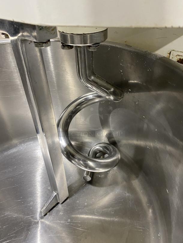 Eurodib LM50 stainless steel spiral dough mixer, interior view. Electric-powered, single speed, in good condition.