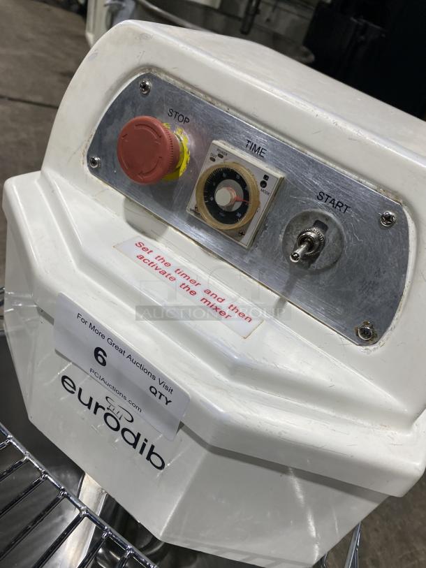 Eurodib LM50 220V commercial stainless steel spiral dough mixer; white; single speed; control panel with stop, time, start settings.