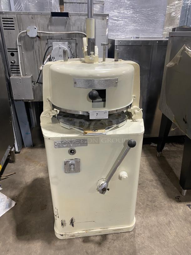 Rompa white electric dough rounder/divider, free-standing, with rounding plate. Good condition, Rompa branding visible.