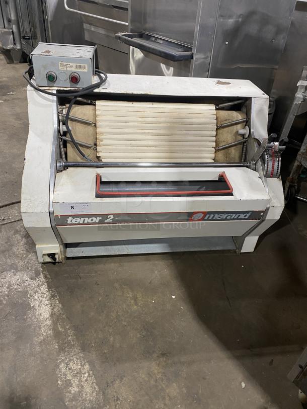 Merand Tenor 2 white dough moulder, electric-powered, countertop design, visible wear, model name on front panel.