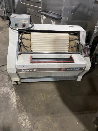 Merand Tenor 2 white dough moulder, electric-powered, countertop design, visible wear, model name on front panel.