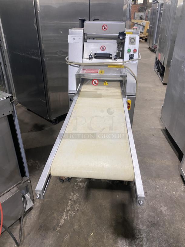 Minipan MOX commercial dough sheeter with conveyor, stainless steel, floor-model, 220V 3 Phase, on casters, SN: 2005087.
