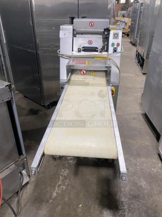 Minipan MOX commercial dough sheeter with conveyor, stainless steel, floor-model, 220V 3 Phase, on casters, SN: 2005087.