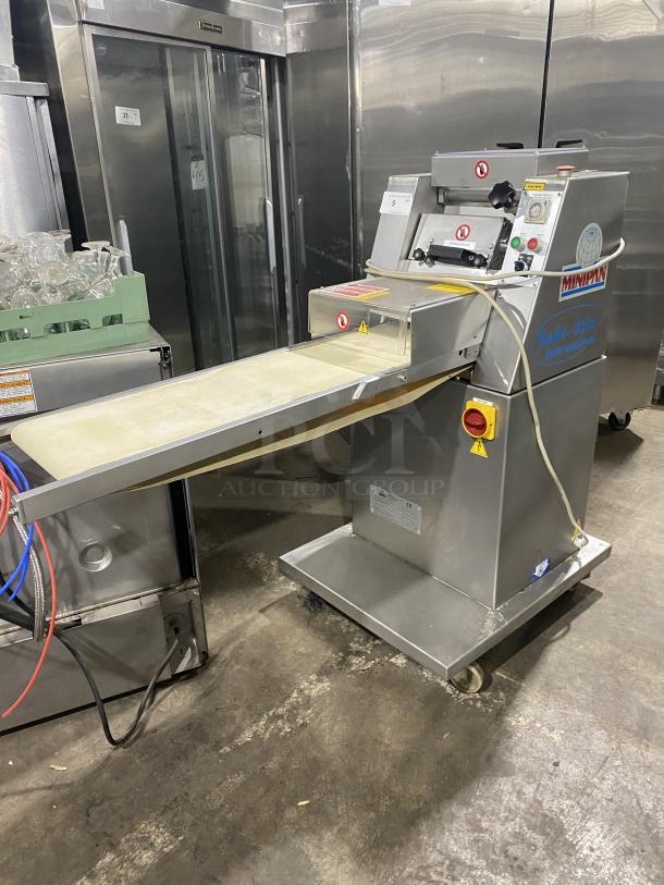 Minipan MOX commercial dough sheeter, stainless steel, electric, with conveyor, on casters, Model: MOX, SN: 2005087.