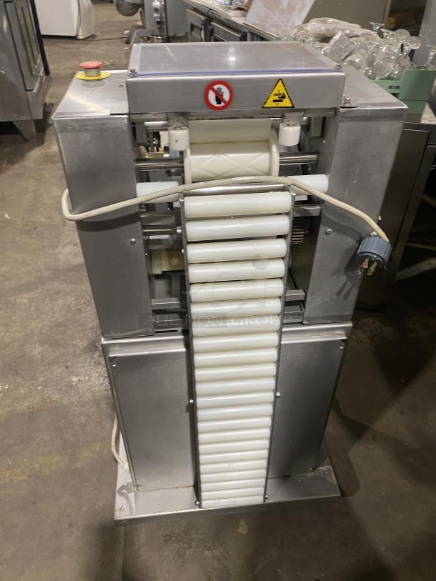 Minipan MOX commercial stainless steel dough sheeter with conveyor, 220V 3 phase, on casters. Serial No. 2005087.