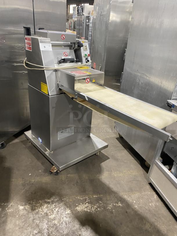 Minipan MOX dough sheeter, stainless steel, with conveyor and casters. 220V 3-phase, model SN: 2005087. Working condition.