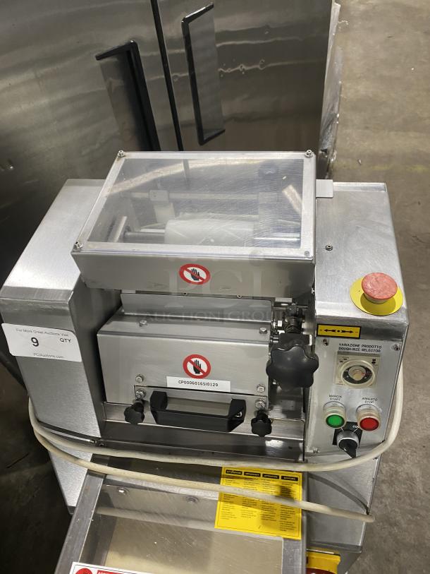 Minipan MOX commercial dough sheeter with conveyor, stainless steel, 220V 3-phase, on casters, working condition.