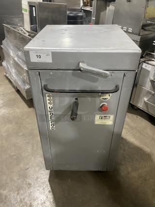 Panimatic commercial electric dough divider, free-standing on casters, visible wear, control label and handle, used condition.