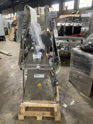 New Prepline FSS120 reversible dough sheeter with foldable conveyor, stainless steel, electric, 120V 1 Phase, SN: E21520179.