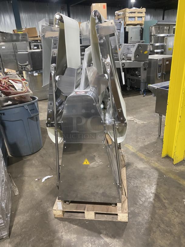 Prepline FSS-120 stainless steel reversible dough sheeter, new 2022 model with foldable conveyor belt, electric-powered, 120V, SN: E21520179.