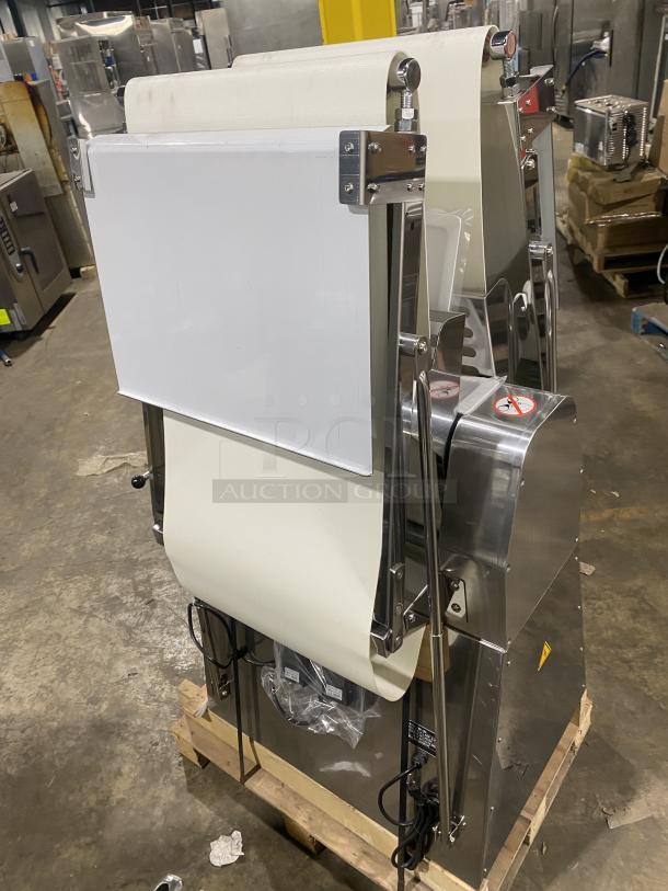 Prepline FSS120 stainless steel dough sheeter, new condition, 2022 model, electric-powered, foldable conveyor belt.