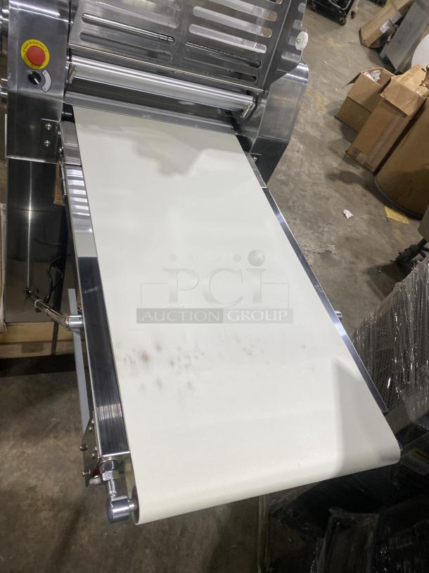 Prepline 2022 FSS120 stainless steel reversible dough sheeter with foldable conveyor belt, 120V, new condition.