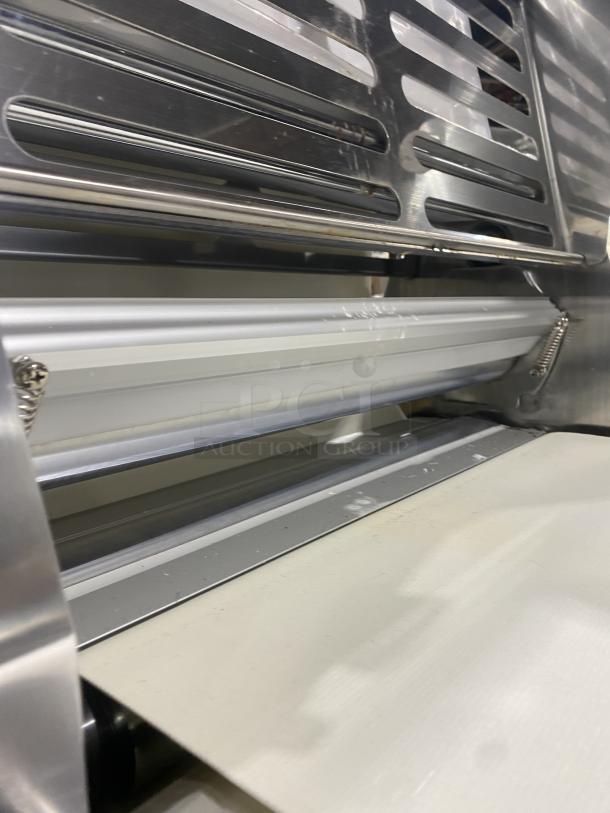 Prepline FSS120 stainless steel reversible dough sheeter, 2022 model, electric-powered, foldable conveyor, new condition.