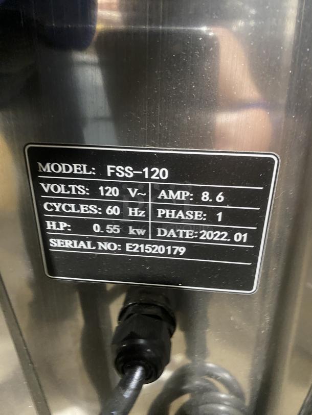 Prepline FSS120 dough sheeter, 2022 model, stainless steel, electric, reversible, foldable conveyor, 120V, new condition.