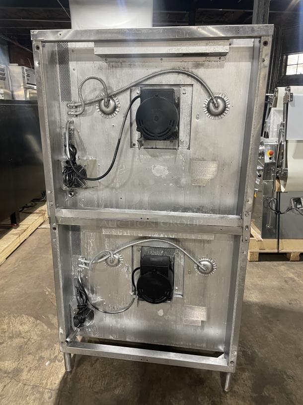 Blodgett commercial stainless steel double-stacked convection oven, gas powered, digital controls, wired rack, on legs.