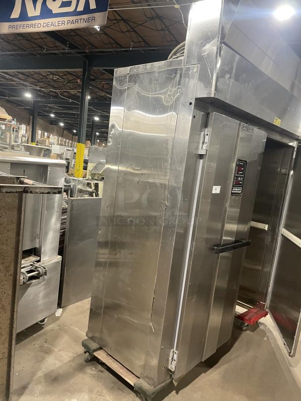 Hobart commercial stainless steel heated holding/proofing cabinet with digital controls, shows some wear, on casters.