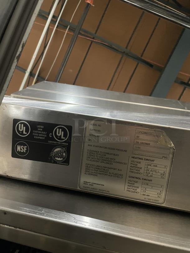 Hobart commercial stainless steel heated holding/proofing cabinet, digital controls, UL/NSF certified, labeled specifications shown.