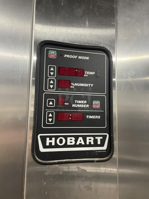 Hobart stainless steel heated holding/proofing cabinet with digital controls, featuring temperature and humidity settings.