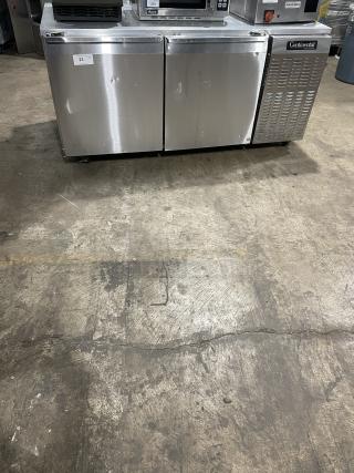 Continental CURB67 stainless steel 2-door lowboy cooler, electric-powered, on casters, model SN:15052129, 115V, 1 phase.