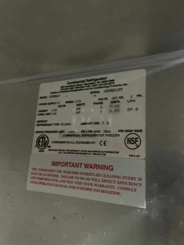 Continental CURB67 refrigerated lowboy cooler on casters, stainless steel, 2-door, electric, 115V, SN:15052129, ETL and NSF certified.