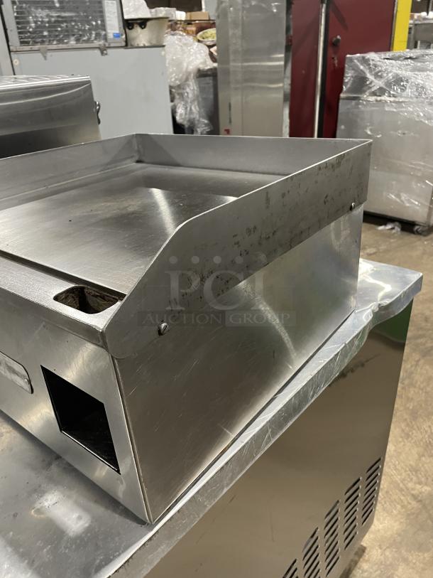 Croydon OR4E-100001W5 stainless steel electric griddle with back and side splash, heavy-duty countertop model, 110V, SN: 822920.