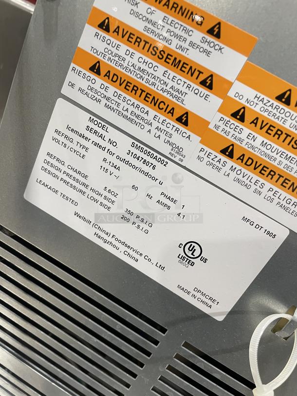Manitowoc stainless steel ice maker, model SMS050A002, 115V, UL listed, suitable for indoor/outdoor use, serial 310478076.