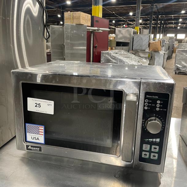 Amana 2023 RCS10DSE commercial stainless steel countertop microwave oven, electric powered, 120V, excellent condition.