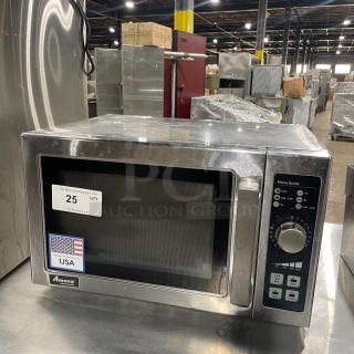 Amana 2023 RCS10DSE commercial stainless steel countertop microwave oven, electric powered, 120V, excellent condition.