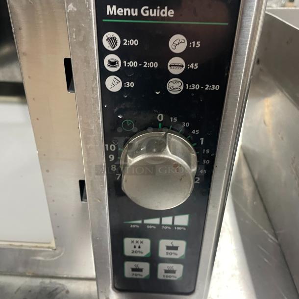 Amana RCS10DSE commercial microwave, stainless steel, menu guide visible, electric, 120V, late model, SN: 2301140176.