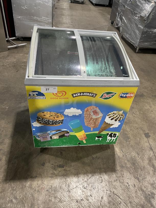 Caravell commercial ice cream merchandiser freezer, model 206-995, with Ben & Jerry's branding and sliding glass lid, 120V.