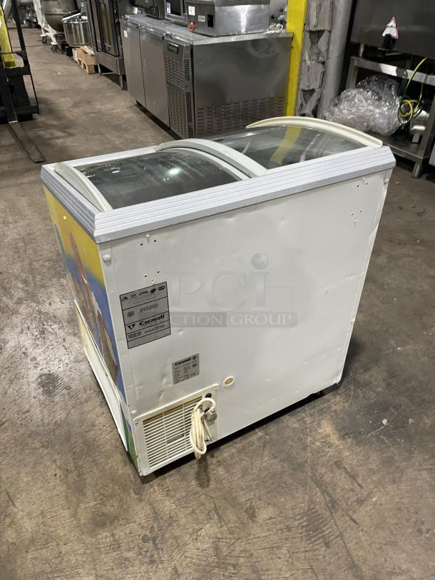 Caravell 206995 commercial ice cream merchandiser freezer with sliding glass lid, Ben & Jerry's style, 120V, stainless steel.