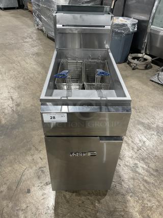 Asber commercial stainless steel gas fryer, featuring backsplash, basket hanger, and fry basket. Equipped with casters.