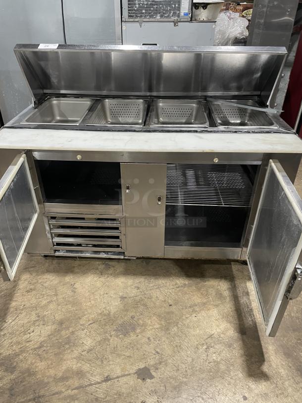 Commercial stainless steel 2-door refrigerated Bain Marie style prep table with cutting board, poly coated rack, on casters.