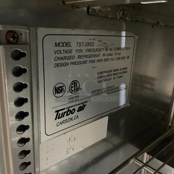 Turbo Air TST-28SD salad prep table label, showing model, 115V, refrigerant details, and certifications.