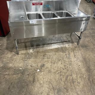 Eagle Group Spec-Bar 2000 Series 60" stainless steel 3-compartment sink with side drain boards, backsplash, on legs. Model: B53LR19.