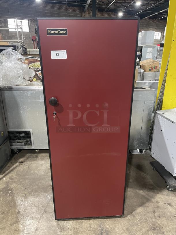 EuroCave V264W wine cooler, full-height red solid single door, wooden retractable shelves, model V-264W, SN: 71434, 115V.