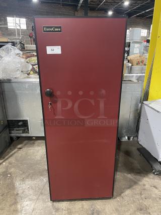 EuroCave V264W wine cooler, full-height red solid single door, wooden retractable shelves, model V-264W, SN: 71434, 115V.