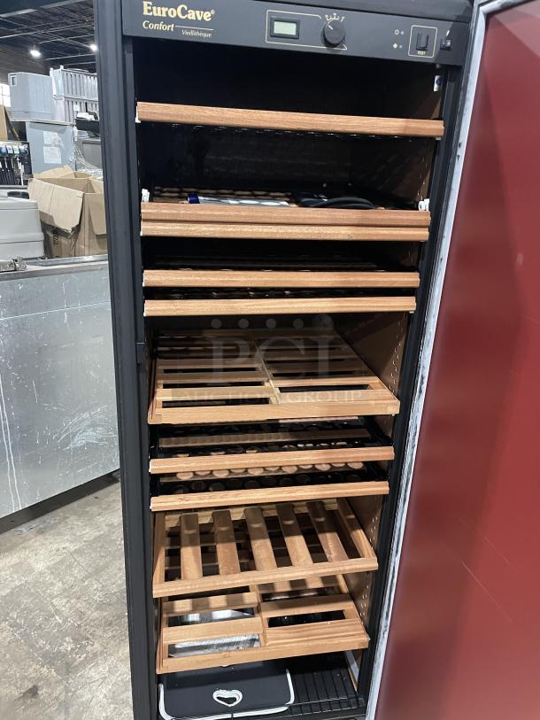 EuroCave V264W wine cooler, single door, with wooden style retractable shelves, model V-264W, serial 71434, 115V, used.