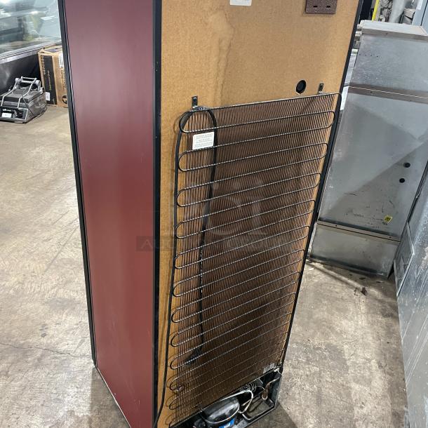 EuroCave V264W wine cooler with red solid single door, retractable wooden shelves. Full-height design, model SN: 71434.