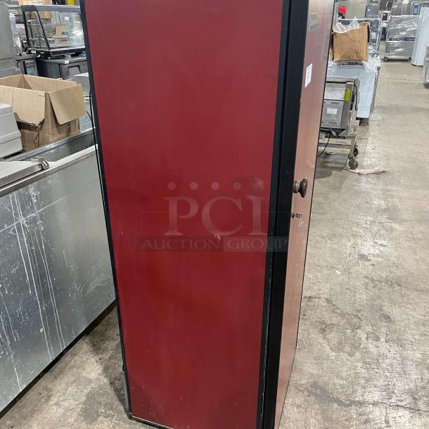 EuroCave V264W red full-height wine cooler with wooden retractable shelves, commercial-grade, single door, 115V, SN: 71434.