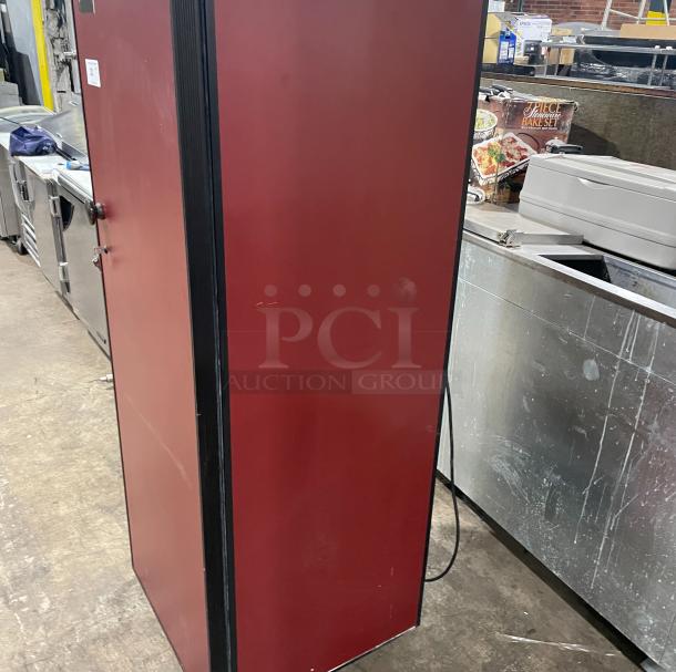 EuroCave V264W wine cooler, red single door, wooden retractable shelves, full-height, serial number 71434, 115V.