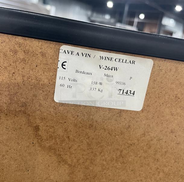 EuroCave V-264W wine cooler label showcasing model, serial number 71434, and specifications: 115V, 158W, 60Hz.