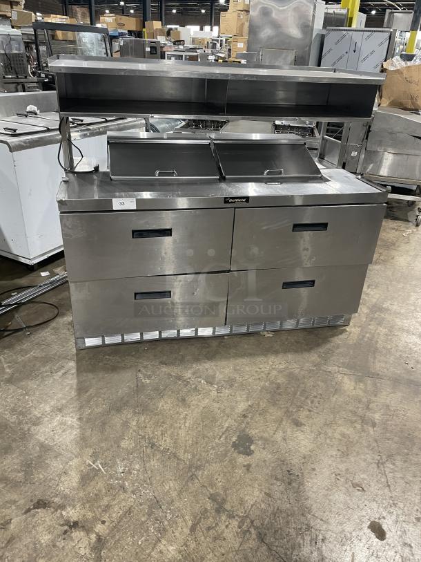 Delfield stainless steel 4-drawer refrigerated Bain Marie prep table, model UCD4464N-12-DD5, with overhead shelf, 115V, 1 phase.