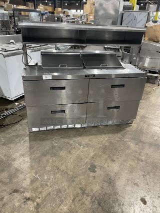 Delfield stainless steel 4-drawer refrigerated Bain Marie prep table, model UCD4464N-12-DD5, with overhead shelf, 115V, 1 phase.