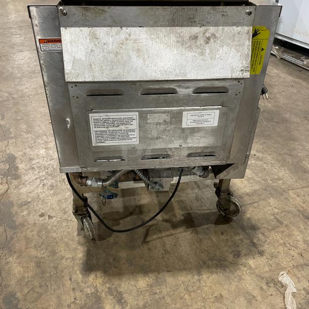 Lang stainless steel infrared clamshell griddle, Model 224TH-NATMG, on casters with equipment stand, visible labels.