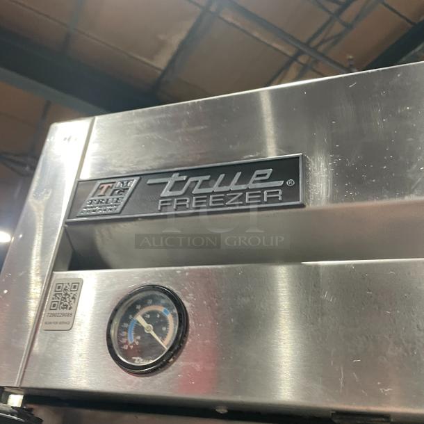 True T-23F Commercial Stainless Steel Freezer, solid one door, on casters, 115V, thermometer and QR code visible.
