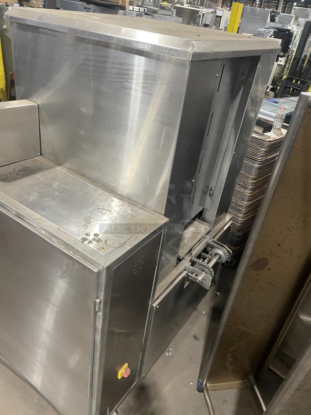 Aksar heavy-duty commercial tray wrapping machine, floor model, stainless steel, sturdy build, good condition.