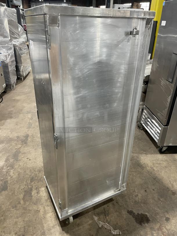 Cres Cor aluminum enclosed full-size sheet pan cabinet with casters, in good condition, ideal for food storage.